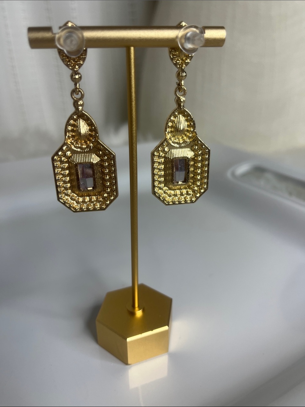 Multicolor Crystal Drop Earrings with Fuchsia Center - Picture 2 of 7